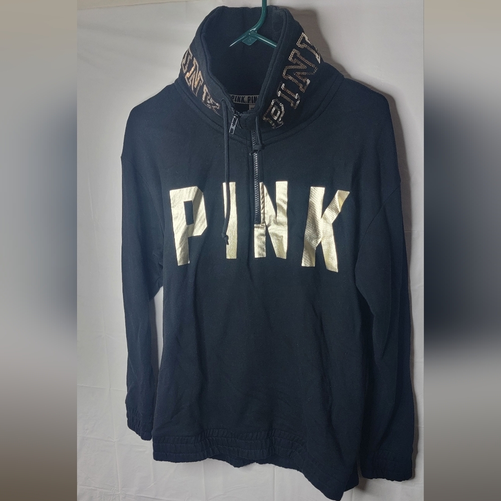 Victoria's Secret Black and Gold PINK Label Collared Sweatshirt
